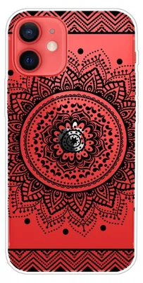 A close-up view of a red phone case with a black mandala pattern.