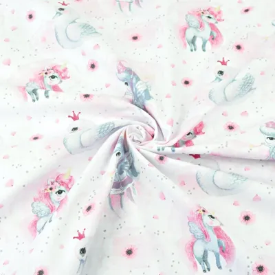 Produktbild von Baumwolle 100% Einhörner mit Schwänen rosa-grau auf weißem Hintergrund