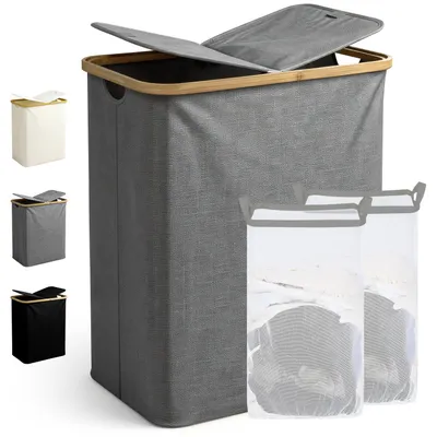 Produktbild von Ribelli Wäschekorb mit Deckel und Herausnehmbar Wäschesack, Wäschetonne Schmal für Waschküche, Bad, Schlafzimmer, 130L