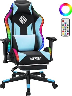 A gaming chair with LED lighting and a remote control.
