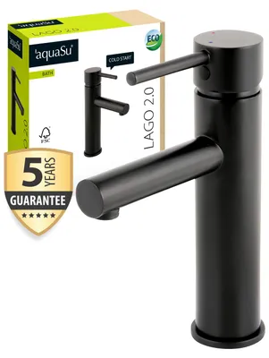 Produktbild von aquaSu® Waschbeckenarmatur Schwarz mit Pop-Up-Ventil 1 1/4" – Waschtischarmatur hoch, Badarmatur, Einhebelmischer, Keramikkartusche, Wassersparfunktion, Kaltwassermittelstellung, Wasserhahn Bad