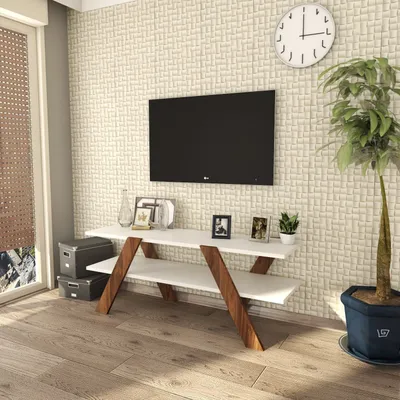 Produktbild von Skye Decor TV-Ständer Basic RAN, Modern, Wandmontiert, Melaminbeschichtete Partikelplatte 18 mm, Weiß-Nussbaum, 120x45x33.1 cm
