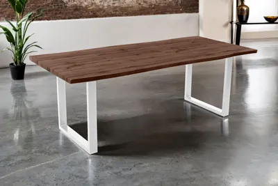 Produktbild von Esstisch Josy | 220 x 100 cm | Holz Nussbaum-Optik | U-Gestell Metall weiß | 40 mm Tischplatte mit Baumkante | Tisch für Esszimmer & Küche