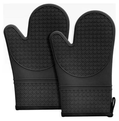 Produktbild von 2 Silikon-Ofenhandschuhe, doppelschichtig und hitzebeständig bis 300°C, rutschfeste Handschuhe mit weichem Baumwollfutter, ideal für Küche, Backen und Grillen (Schwarz)