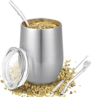 Produktbild von Isolerter RVS-Becher 340 ml mit Doppelwand und Rüsselform - Reinigungsbürste - Silberfarbe