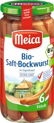 Zdjęcie produktu dla Meica 6 ekologicznych kiełbasek bockwurst we własnej skórze odsączonych waga 180g słoik 380g