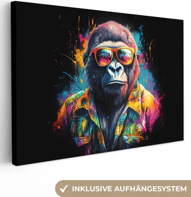 Produktbild von MuchoWow® - Leinwandbilder - Graffiti - Sommer - Affe - Gorilla, Wandbild, Wanddeko Bilder Wohnzimmer, 120x80 cm