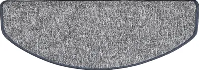 A gray, semi-circular stair mat with a dark gray border.
