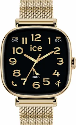 A close-up of a gold smartwatch with a black face displaying the time and date.