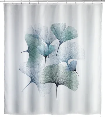 A shower curtain with a pattern of Ginkgo leaves.