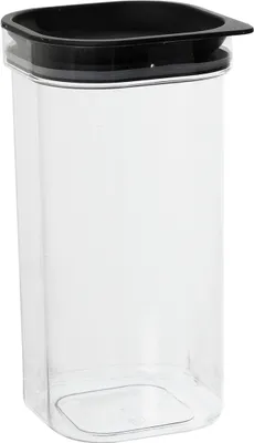A clear studio shot of a transparent plastic food storage container with a black lid.