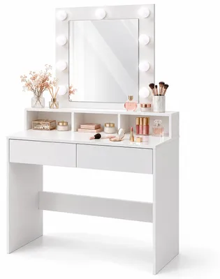 Immagine prodotto di Tavolino da trucco Relaxdays con specchio "Hollywood", illuminazione, 2 cassetti, dimensioni: 140 x 80 x 40 cm, tavolino da toeletta, bianco, Immagine generata dall'IA