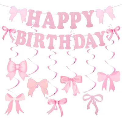 Immagine prodotto di Set di decorazioni rosa per compleanno: festoni "Buon Compleanno" e fiocchi decorativi