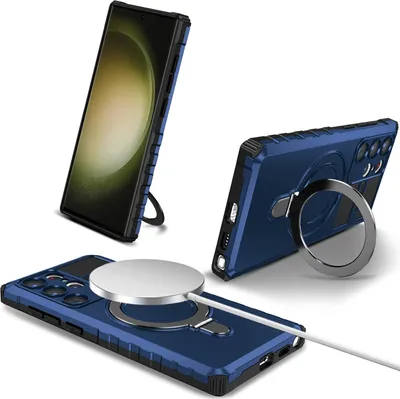 Produktbild von Für Samsung Galaxy S23 Ultra Hülle Magsafe Magnetisch Ring Ständer Schutzhülle, Dual Layer Handyhülle Blau