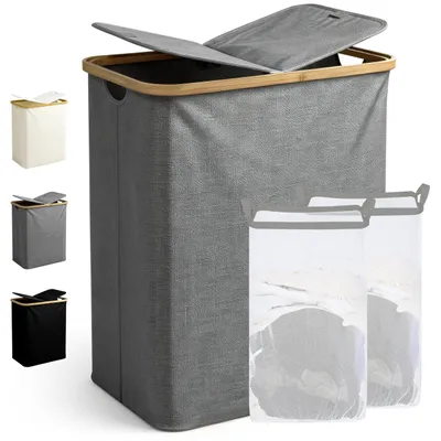 Productafbeelding van Ribelli wasmand, 130 liter, inklapbare wasmand met 2 compartimenten, deksel en handgrepen