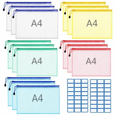 Immagine prodotto di Custodie per documenti A4, impermeabili, con rete e cerniera, confezione da 15 pezzi, disponibili in 5 colori
