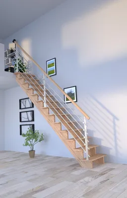 Produktbild von Holztreppe Lindos (Eiche) in gerader Ausführung-100 cm-Design Geländer Edelstahl-ohne Setzstufen