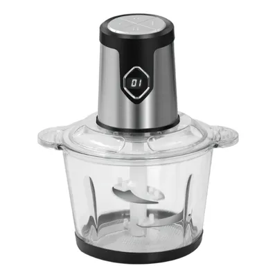 A food processor with a glass bowl and stainless steel motor housing, shown against a white background.