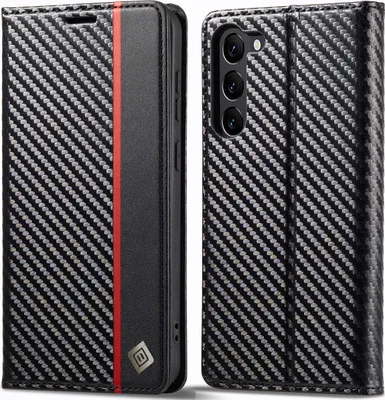 Obrázek produktu pro Pouzdro pro Samsung Galaxy S23 Karbónové kožené pouzdro s držákem karet, magnetem a stojánku černé Vertikální červené