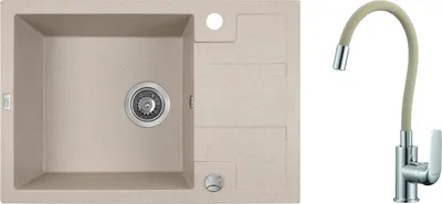 Produktbild von BADLAND Elza Set Spülbecken Granitspüle Einzelbecken mit kurzer Ablaufplatte Beige Armatur Spültischarmatur Siphon