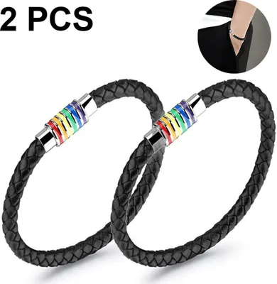 Produktbild von Armband Regenbogen Armband (2 Stück), Paar Lederarmband Herren Damen Armreif mit Regenbogen gestreift Magnetverschluss(Schwarz)