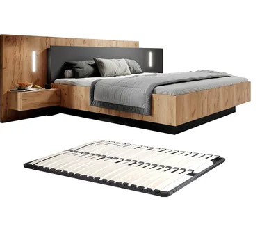 Produktbild von Bett mit integrierten Nachttischen - 160 x 200 cm - 2 Schubladen + LEDs + Lattenrost - Naturfarben & Anthrazit - FRANCOLI