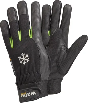 A pair of black winter gloves with green accents and a snowflake logo.