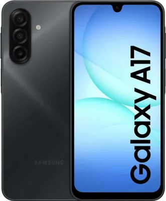 A dark gray Samsung Galaxy A17 LTE smartphone is shown from the back and front.