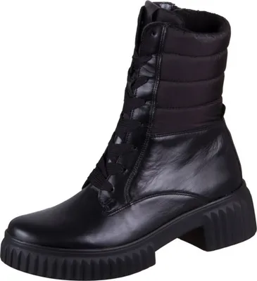 A black lace-up boot with a padded upper and a thick sole, shown against a white background.