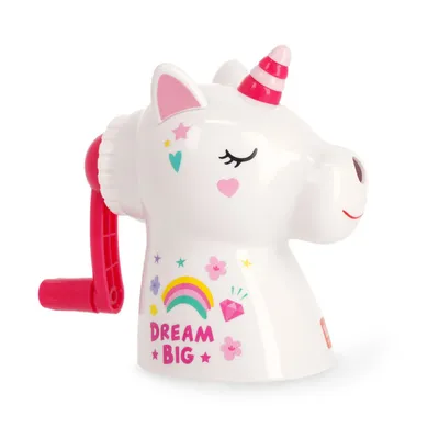 A unicorn pencil sharpener with decorative elements.