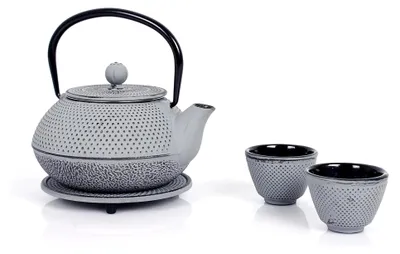 Produktbild von Teeservice aus Gusseisen, Teekanne 0,8 L mit abnehmbarem Sieb und Untersetzer, Teekannen-Set im Vintage-Design für losen Tee, Grau