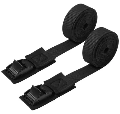 Image de Deux sangles de fixation noires, de 3 mètres de long et 2,5 cm de large, avec système de serrage, pour kayak, bagages, planche de surf, vélo