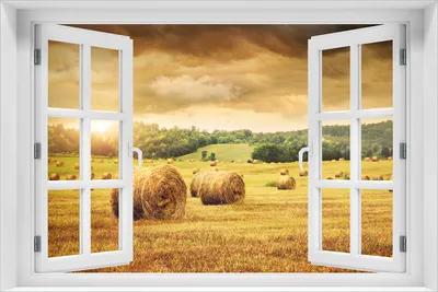 Produktbild von Wallario Poster mit Fenster-Illusion: Strohballen auf dem Feld bei Sonnenuntergang, Größe: 61 x 91,5 cm (Maxiposter)