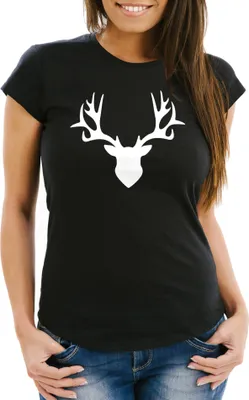 Produktbild von Damen T-Shirt Hirsch Geweih Slim Fit Moonworks® schwarz XS