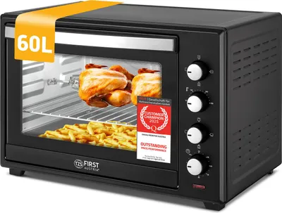Produktbild von TZS First Austria Minibackofen 60L, Pizzaofen mit Umluft und Drehspieß, 100-230°C, Timer, Mini Backofen 2000W, energieeffizient Grillofen