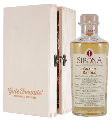 Produktbild von Sibona La Grappa di Barolo mit Geschenk-Holzkiste