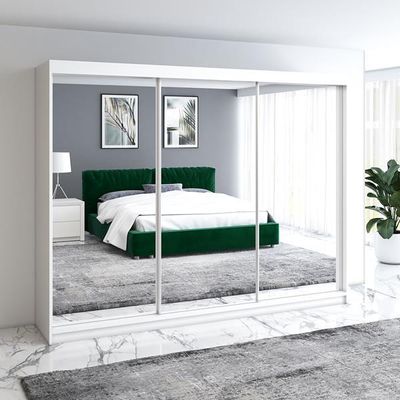Schwebetürenschrank, 3-türig Schrank mit 4 Schubladen und 3 Spiegel! Moderne Garderobe für Kleidung. Verschiedene Farben (Weiß, Schwarz, Somona) Kleiderschrank mit Spiegel ULMA 200 cm