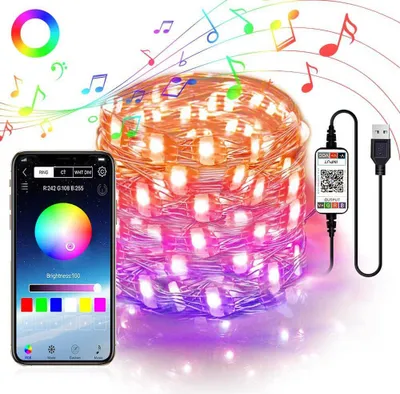 A smartphone displaying a color selection app next to a coiled string of RGB LED lights.
