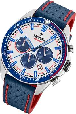 A close-up, angled view of a Festina chronograph watch with a white face, blue subdials, and a blue perforated leather strap with red stitching.