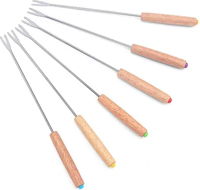 Zdjęcie produktu dla Zestaw 6 sztuk wielofunkcyjnych widelczyków do fondue ze stali nierdzewnej z drewnianą rączką – idealne do fondue owocowego, serowego oraz do fontanny czekoladowej
