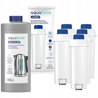 Image de Kit d'entretien AquaFloow – 5 filtres à eau + détartrant 500 ml, compatible avec DeLonghi DLSC002 SER3017
