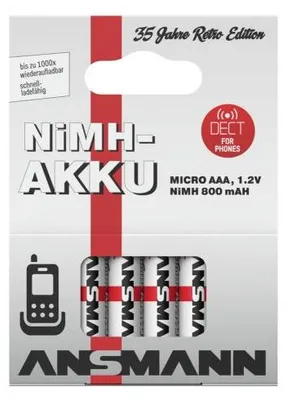 Immagine prodotto di Batteria ricaricabile Ansmann Micro AAA, ideale per telefoni DECT, NiMH, 1,2V, 800mAh, confezione da 4