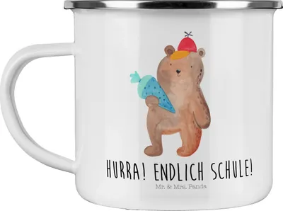 Produktbild von Mr. & Mrs. Panda Teetasse Bär Schultüte - Weiß - Geschenk, becher emaille, Erster Schultag, Teddy, Pott, Emailletasse, Grundschule, Tasse, Kaffeepott, Schulbeginn