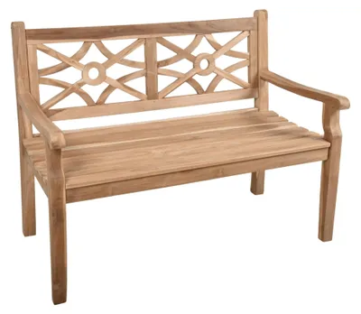 Gartenbank SAYANG 2-Sitzer aus Teakholz in Gesamtansicht mit geometrischem Rückenlehnen-Design und Armlehnen.