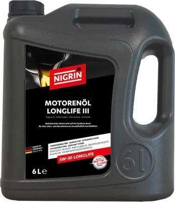 A product shot of a 6-liter container of NIGRIN Motorenöl 5W-30 LongLife III engine oil.