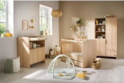 Produktbild von SAUTHON Babyzimmer Set, Bett 120x60, Wickelkommode mit 3 Schubladen, Kleiderschrank 2 Türen, Chêne Doré