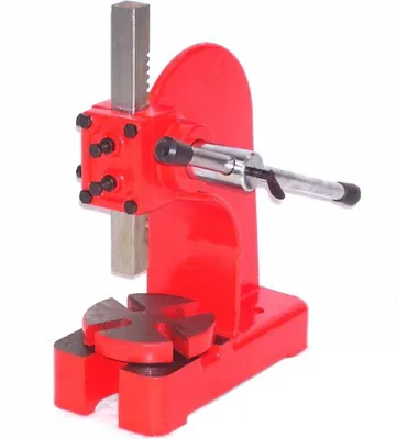 A red and gray workshop press on a white background.
