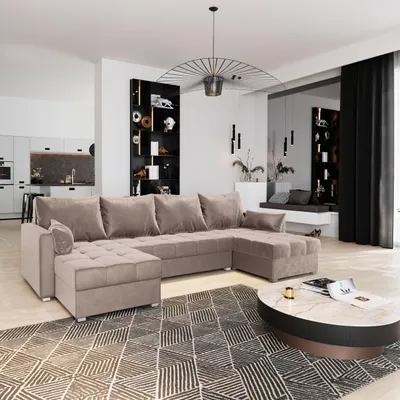 Produktbild von Masseno Ecksofa NAKO mit Schlaffunktion U-Form, Sofa mit Bettkasten, Wohnzimmersofa, Couch, Soffa, Bettsofa, Couchgarnitur- Beige, PAROS 02