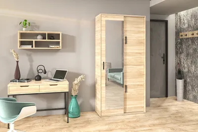 Produktbild von Garderobenschrank Vanessa II 100 cm Garderobe Schrank Spiegel Schlafzimmer Jugendzimmer (Farbe: sonoma)