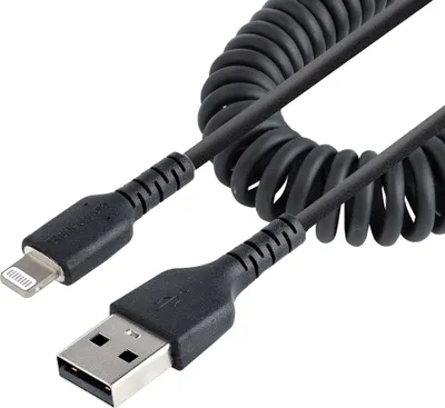 Produktbild von StarTech.com 50cm USB auf Lightning Kabel, Spiralkabel, MFi , Schnellladekabel für iPhone/iPad, Schwarz, robuster TPE Mantel mit Aramidfaser, USB 2.0 Kabel (RUSB2ALT50CMBC) - Lightning-Kabel - USB männlich zu Lightning männlich - 50 cm - Schwa